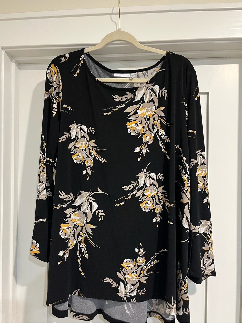 Susan Graver Black Floral Long-Sleeve Tunic Dress with Yellow and Cream Blooms